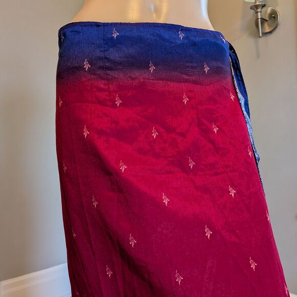 Vintage 90s Thai Silk by Apple Wrap Skirt Red Blue Filigree Ombre - Picture 4 of 9